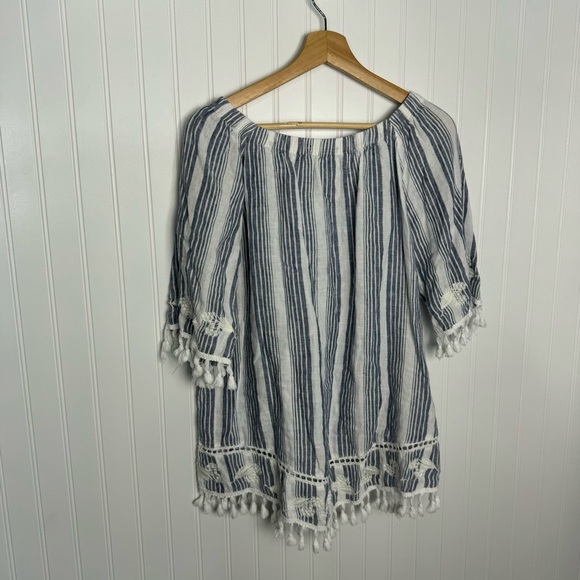 John Mark Top XL Linen Floral Stripes Embroidered Tassels Casual Coastal - Picture 10 of 10